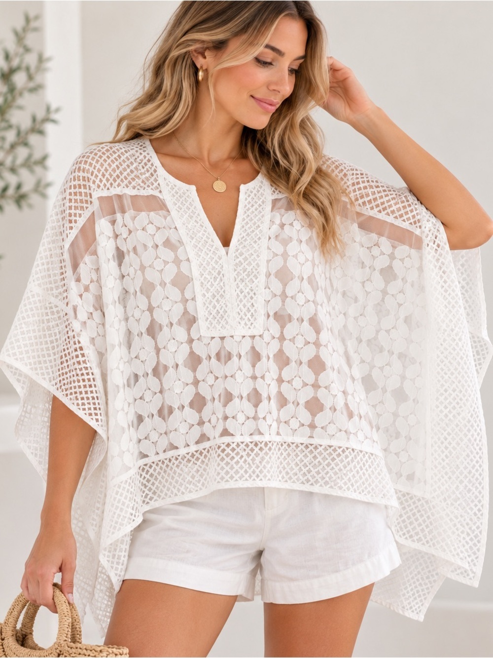 Anthropologie Ivory Lace Crochet Poncho Cover Up One Size Boho Sheer
